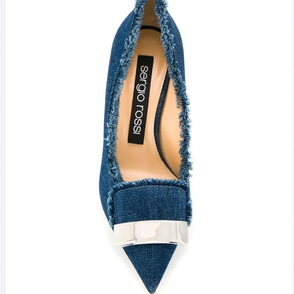 Sergio Rossi frayed denim pumps 40 9.40 3” heel heels pump jeans silver metal - Picture 2 of 9